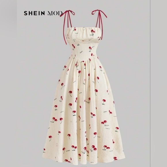 SHEIN Women's Cherry Print Long Cami Dress - Picture 1 of 7